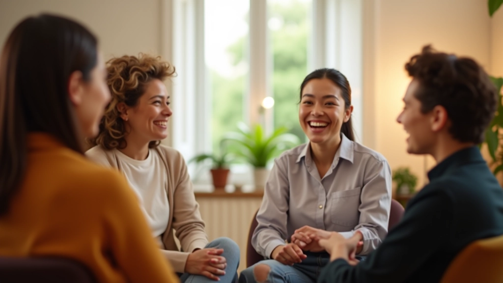 Groupe de personnes assises en cercle lors d'une discussion bienveillante dans une salle lumineuse