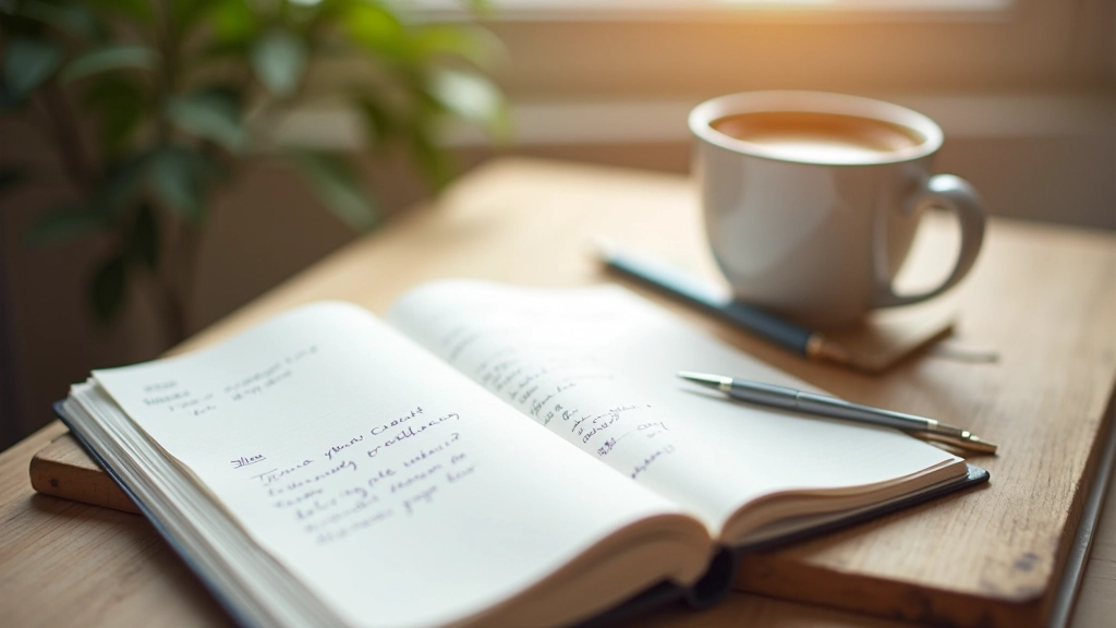 Journal ouvert avec des notes manuscrites colorées, stylo et tasse de café sur une table en bois