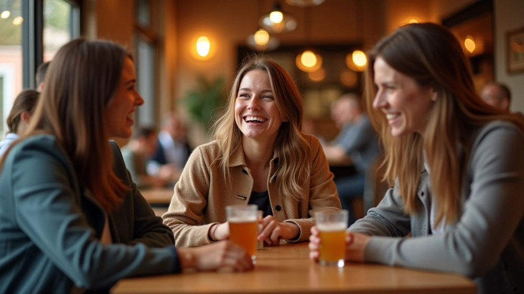 Groupe de trois amis riant ensemble autour d'une table avec des boissons, moment authentique de joie partagée