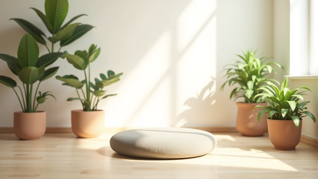 Espace de méditation minimaliste avec coussin de méditation, plantes vertes et lumière douce naturelle