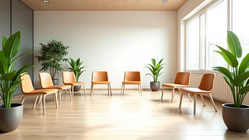 Salle de formation lumineuse avec chaises disposées en cercle, plantes vertes, lumière naturelle douce