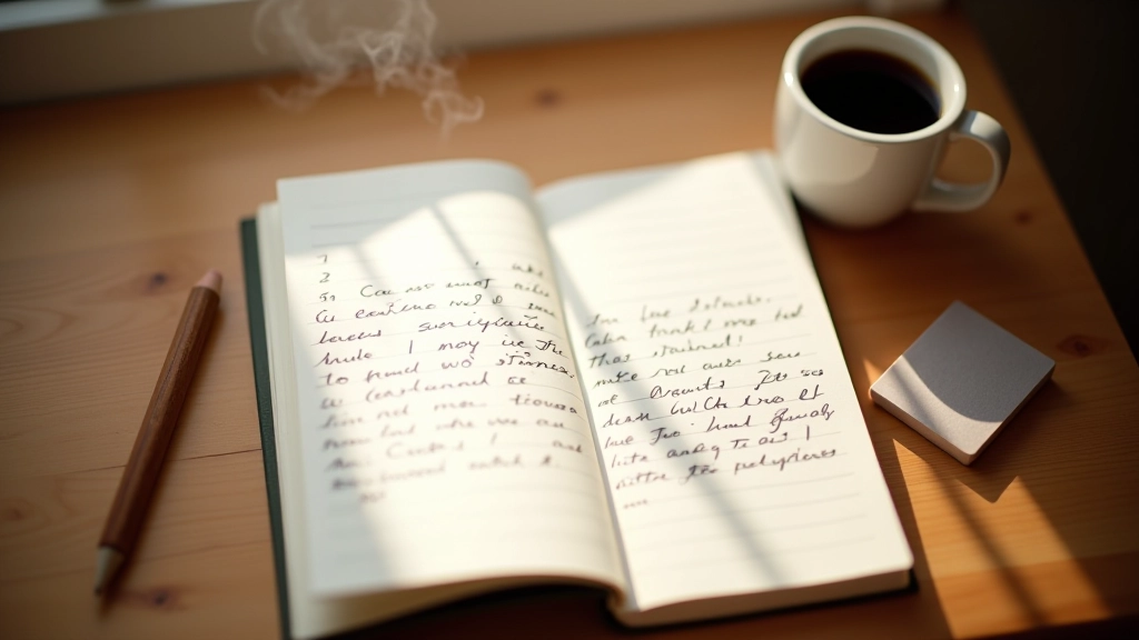 Carnet ouvert avec des notes manuscrites à côté d'une tasse de café et d'un crayon sur une table en bois