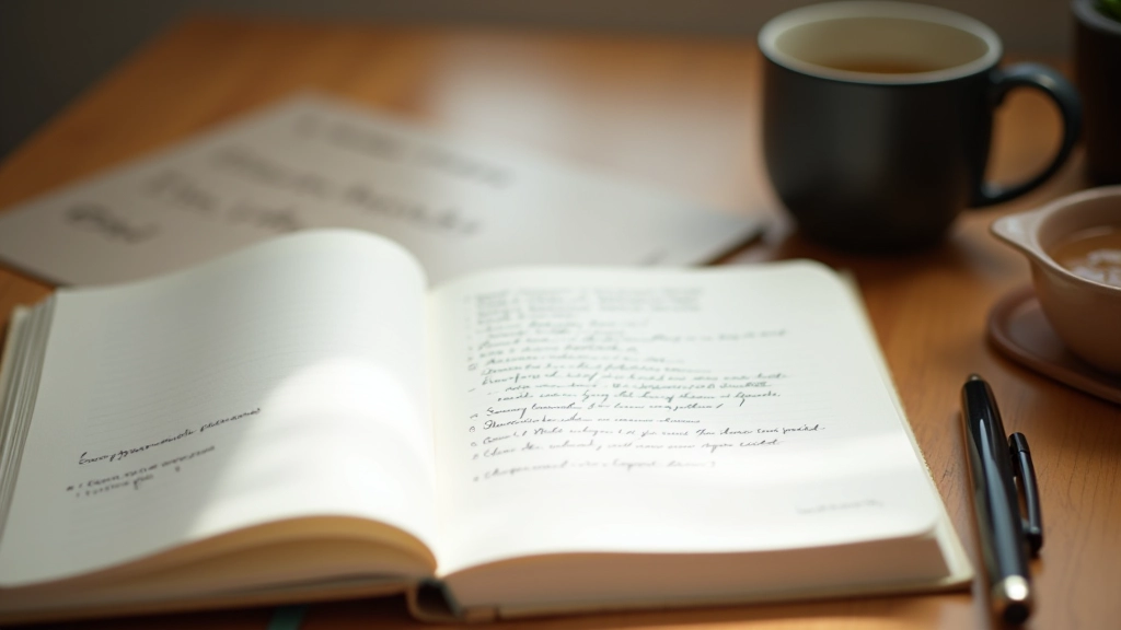 Carnet ouvert avec notes manuscrites, tasse de café, stylo sur table en bois, ambiance de travail calme