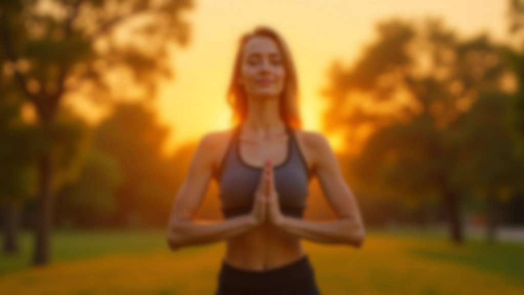 Personne faisant du yoga au coucher du soleil dans un parc verdoyant, silhouette en équilibre sur un pied