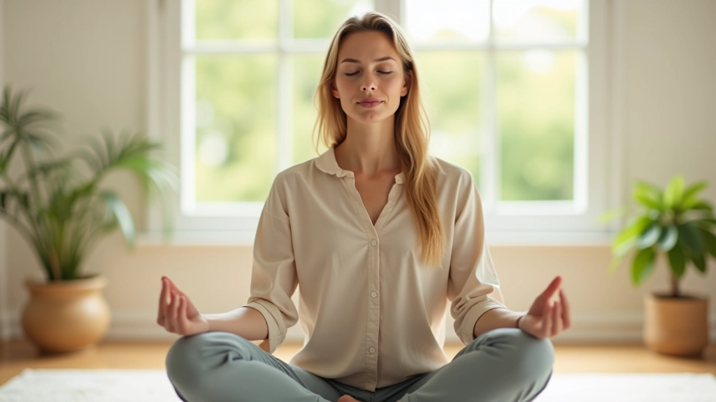 Personne méditant paisiblement dans un espace lumineux, assise en position de lotus, fenêtre avec lumière naturelle en arrière-plan