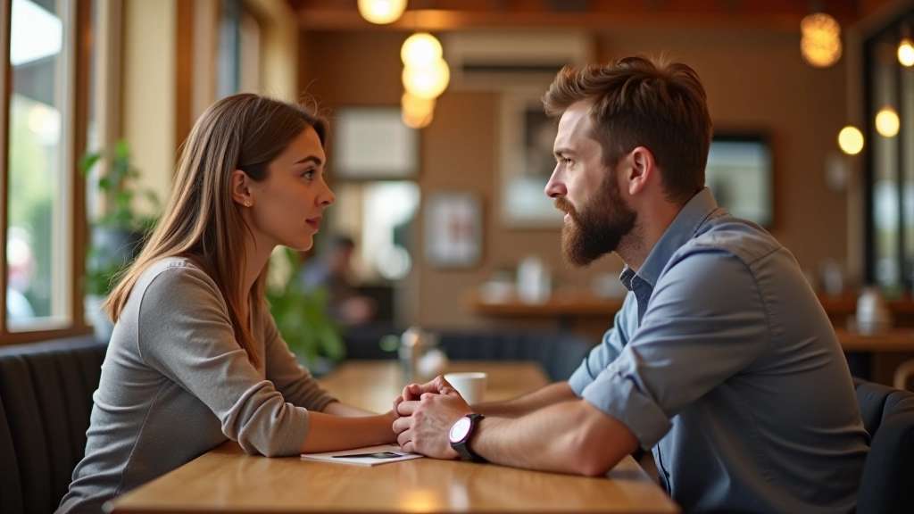 Deux personnes en conversation, assises face à face dans un café lumineux avec une atmosphère chaleureuse