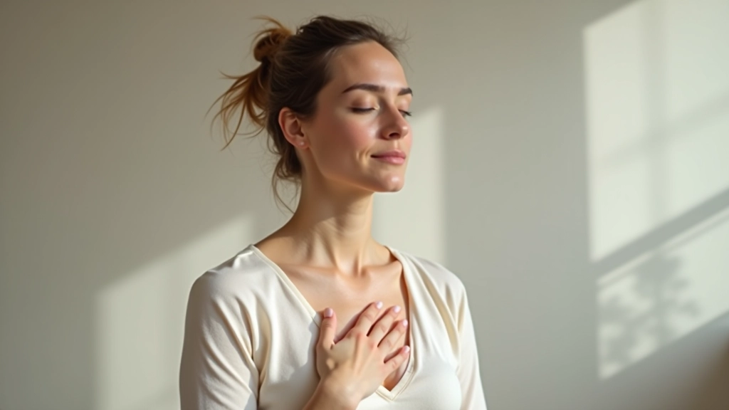 Femme pratiquant la respiration consciente, main sur la poitrine, yeux fermés dans un environnement calme