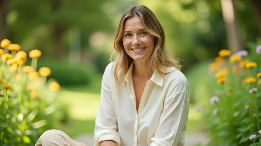Femme assise dans un jardin tranquille, souriant, entourée de plantes vertes et de fleurs colorées
