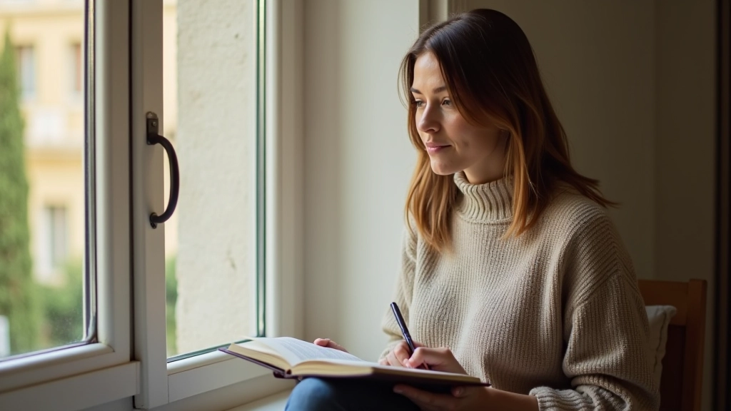 Personne assise seule en réflexion, tenant un journal ouvert près d'une fenêtre avec la lumière naturelle du matin