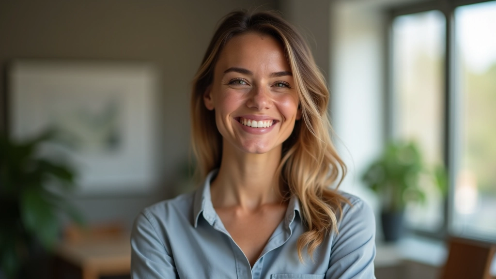 Femme professionnelle assise à un bureau lumineux, expression confiante et bienveillante, environnement de coaching